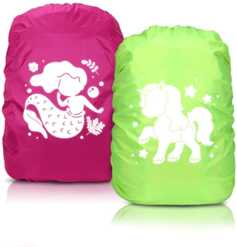 Cadimus Regenhülle Rucksack Grün Einhorn und Rosa Meerjungfrau, Schulranzen Regenschutz, Rucksack Überzug Reflektierend für Jungen und Mädchen Schulanfänger