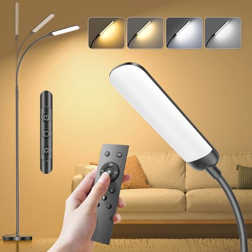 YICAIZI Lampada da Terra LED 18W 1200LM con Telecomando - 4 Tonalità di Colore & 4 Livelli Luminosità Regolabile - Piantana da Lettura per Soggiorno, Camera da Letto, Ufficio - Nero