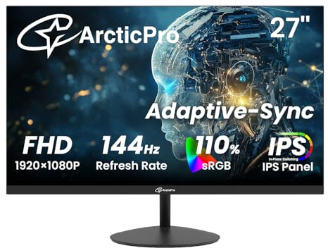 ArcticPro 27 Inch Monitor 144Hz, FHD 1080p Computer Monitor, IPS Gaming Monitor, Adaptive Sync, 110% sRGB, 1ms, 3-Sided Frameless, Ultra Slim, VESA Mountable, Anti-Blue Light Design, HDMI, DP