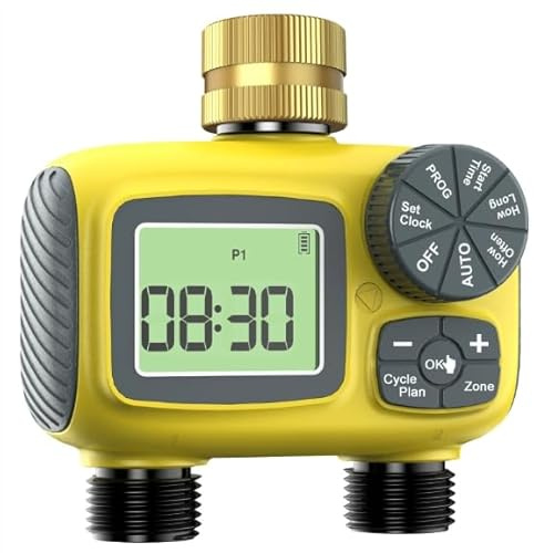 OBEST Ordenador de riego con 2 salidas, riego por goteo programable con entrada de latón, temporizador de riego automático con pantalla LCD grande con retardo de lluvia/manual/agua