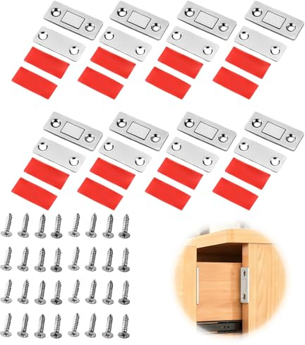 8 Pièces Aimant Porte Coulissante, Loquet Magnétique Ultra Mince, pour Porte de Placard Armoire Tiroir Fenêtre, Fermeture Aimant Puissant Adhésif ou à Vis, Quincaillerie Meuble Cuisine Salle de Bain