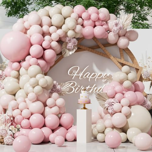 SUWEN Palloncini Rosa 153Pezzi Ghirlanda Kit Arco Diverse Misure di 18 10 5 Pollici Palloni Rosa Chiaro Pastello Sabbia Bianco Decorazioni per Compleanno Latex Matrimonio Baby Shower Festa