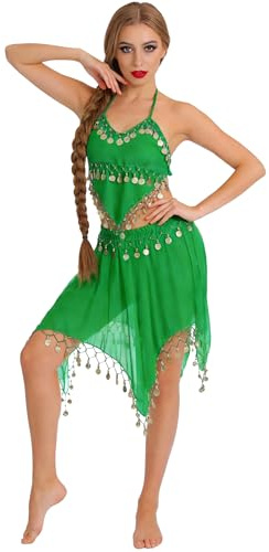 Wildarms Disfraz de Danza del Vientre de Carnaval Mujer Conjunto 2 Piezas Top y Falda con Lentejuelas, Traje Premium para Fiesta y Escenario - Variaciones de Color