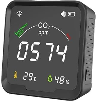 WiFi Air Premium 3 en 1 pour l'humidité — Détecteur de dioxyde de carbone intérieur avec alarme de précision ± 50 ppm, alimenté par USB-C, maniable pour bureau, maison, salle de classe (noir)