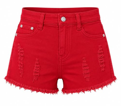 Yu & Me PARIS Womens High Waisted Distressed Denim Shorts with Frayed Hem, Ripped Jean Short with Pockets, Casual Summer for Holiday & Everyday Wear (Red, 14)
