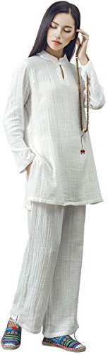 KSUA Frauen chinesische Kung Fu Kleidung Tai Chi Anzug Baumwolle Yoga Anzug für Zen Meditation Martial Arts, Beige EU L/Etikett XL