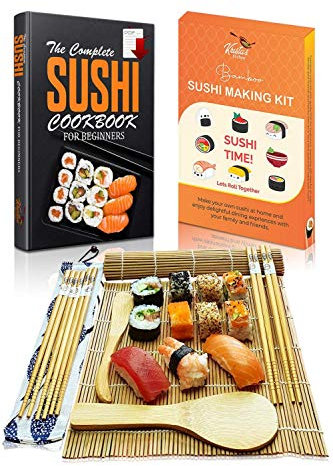 Sushi Making Kit – Beginners Sushi Maker Set with Bamboo Rolling Mat - Make Your Own Sushi at Home - All In One Set 2 Mats, 5 Pairs Chopsticks with Bag, Paddle, Spreader with Step by Step Book Guide
