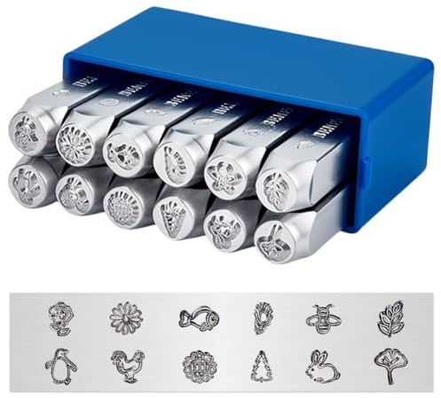 BENECREAT 12 PCS 6mm Sellos de Diseño Sello Perforador de Metal (Tema de Animal y Vegetal) Herramientas de Acero al Carbono Duro galvanizado para Joyas de Metal, Cuero