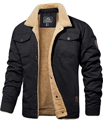 MAGCOMSEN - Giacca invernale da uomo militare Trucker, cappotto cargo caldo in pile foderato, cappotti Windbreaker, Sherpa termico con colletto, giacche da combattimento, Nero , 3XL