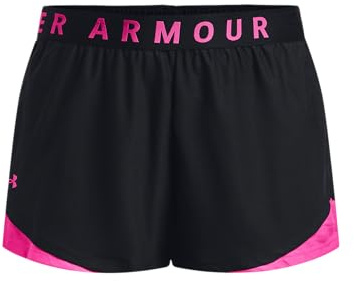 Under Armour UA Play Up Shorts 3.0 Pantalones cortos de mujer, pantalones cortos deportivos con bajo redondeado, color negro/rosa fantasía/rosa fantasía