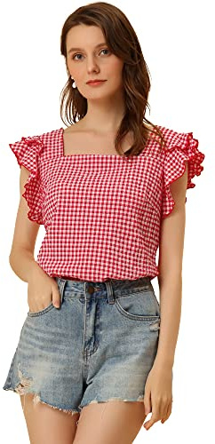 Allegra K Women Summer Casual Gingham Ruffle Cap Sleeve Square Neck Blouse