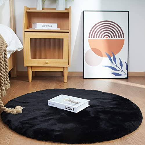 Ghouse Teppich Rund 90x90 cm Schwarz Flauschig Weich Wohnzimmer Schlafzimmer Dekoration rutschfest Kurzflor Teppich Waschbarer Carpet