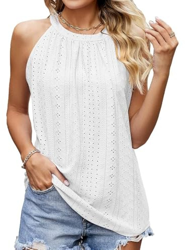 BKEPDY Debardeur Femme Broderie Anglaise Halter Neck Tank Top Tops sans Manche Haut Chic Elegant Vetement Ete Caraco Casual Cami Plissé