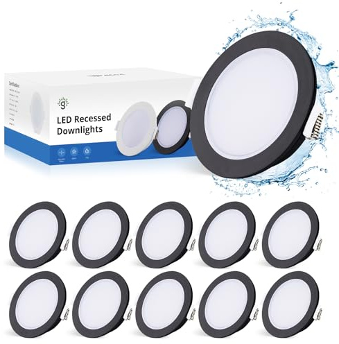 Gr4tec Spot LED Encastrable Noir Extra Plat, 10 x 5W Spot Salle de Bain IP65, Spot Encastré 4000K Blanc Neutre 400lm, Plafonnier Encastrable Trou 68-80mm, Spots de Plafond Pour Salon Chambre Cuisine