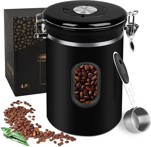 Boîte à Café Hermétique,Coffee Vault Hermétique de Conservation Pour Café et de Toutes Ses Saveurs en,Acier Inoxydable avec la Capacité de Stockage à 22.8oz/1.4lb-avec Une Cuillère (1800 ml)