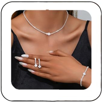 Unicra Silver Bridal Wedding Jewelry Set Sparkly Rhinestone Necklace Earrings Bracelet Sets Formal Costume Jewelry for Women and Brides (A Silver-3 Pack Necklace Bracelet Earrings)