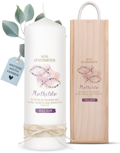 AMARI ® Konfirmationskerze personalisiert Fischsymbol (002.09.07) 25/8 cm- Kerze Konfirmation - Konfirmationskerze mit Namen und Datum - Konfirmation Kerze personalisiert Mädchen Junge