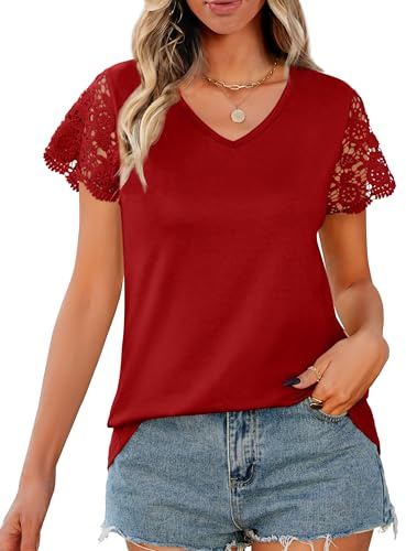 Desol Camisetas Mujer Verano con Cuello en V Manga Corta Mujer Tops Elegante Blusa de Encaje para Casual Oficina