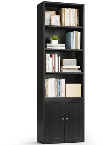 Casaottima Bookshelf and Bookcase with Doors, Floor Standing 6-Tier Shelf Display Storage Shelves, Tall Bookcases for Home Office, Living Room, Black