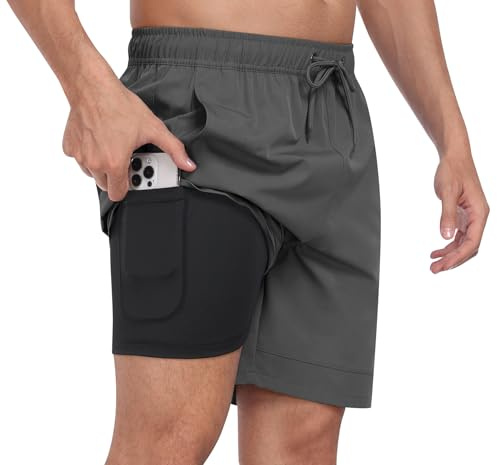 MoFiz Bañador Hombre 2 en 1 con Forro Compresión Secado Rápido Ligero Shorts de Baño para Natación Surf Playa con 4 Bolsillos Gris Oscuro EU M