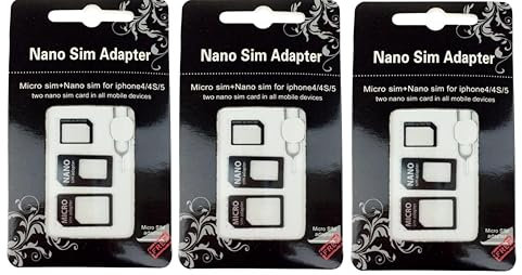 FLLAGG20 3X Kit Adaptador Tarjeta Sim Movil Card 4 en 1 (Nano a Micro, Micro a Standard, Nano a Standard) para Todos los Dispositivos móviles + Clip para Extraer Universal Sim Adapter