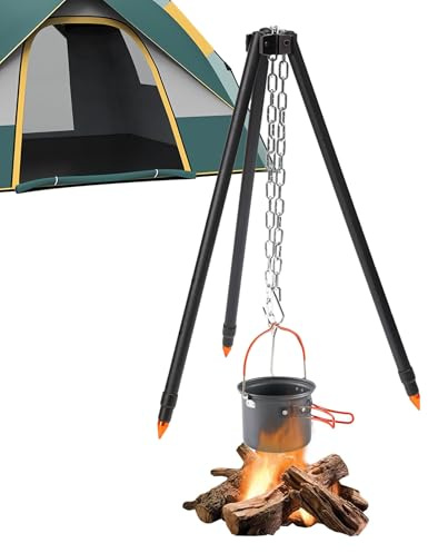 Estante de cocina con trípode – Configuración de parrilla plegable al aire libre, marco de soporte de olla colgante | Estructura de trípode de hierro resistente con altura ajustable para comidas en el