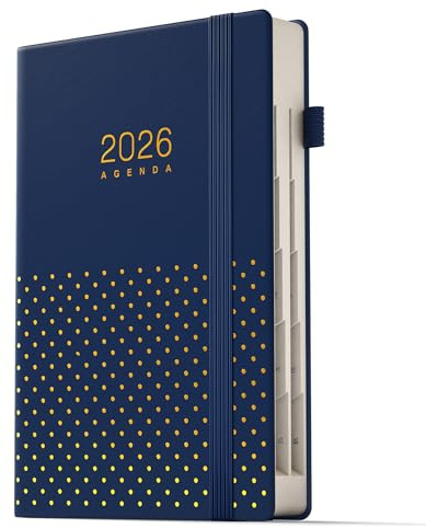 TDOLISSTE - Kalender 2026 Möteskalender, A5-Agenda bokkalender 365-sidor-dagplanering och 24-sidig månadsplan, flerspråkig, pennögla och innerficka, bunden upplaga (blå)