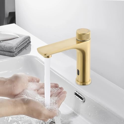 Grifo infrarrojo para baño con sensor, sin contacto, monomando para lavabo, grifo automático de lavabo de acero inoxidable para baño (dorado)