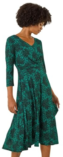 Roman Fit and Flare Dress for Women Ladies Chest Twist Knot Ruched Tea Skater Empire Waist Wedding Guest Smart Casual Swing Midi 3/4 Long Sleeve Knee Length - Teal Ink - Size 12