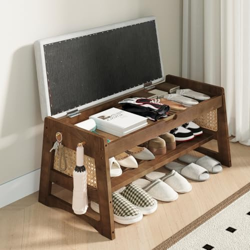 DSNAPE Shoe Rack Bench with Flip-Top Storage, 27.6 W x 15.7 H Solid Wood Entryway Bench Shoe Organizer with Cushion Side Hooks for Front Door Entrance Hallway Foyer Closet Living Room Bedroom
