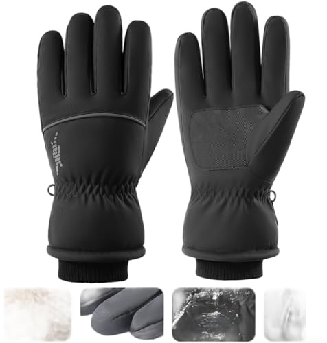 Honseadek Guanti da sci invernali per uomini e donne, impermeabili, antivento, termici, con compatibilità touchscreen, fodera in pile, design regolabile del polso (nero spesso, M)