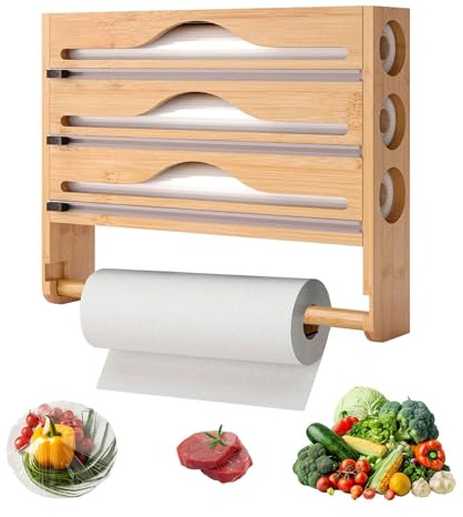 4-in-1 Cling Film Dispenser and Cutter,Wall-Mount Bamboo Foil and Cling Film Dispenser With Paper Holder,Kitchen Foil Organiser Storage for Rolls 9 or Under