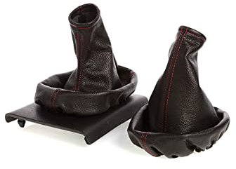 myshopx SH61 Schaltmanschette und Handbremsmanschette Schwarz Faden Rot Echt Leder