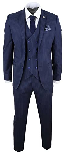 Mens 3 Piece Suit Gatsby 1920s Gangster Pinstripe Tailored Fit Navy Blue
