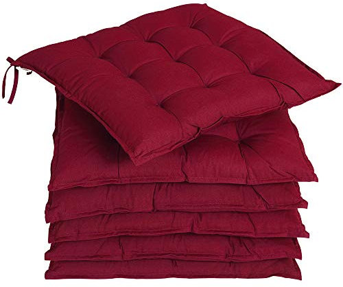 DETEX® Sitzkissen Stuhl 6er Set 55% Baumwolle Wasserabweisend 43x39cm Visko-Effekt Waschbar Stuhlkissen Sitzpolster Gartenstuhl Sitzauflage Dunkelrot
