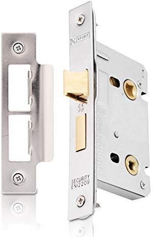 XFORT® Polished Chrome Bathroom Lock 65mm for Internal Wooden Doors, Mortice Door Lock for Bathroom, Door Latch Mechanism and Thumbturn Locking Door Security, CE Approved and Fire Rated Protection.