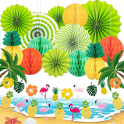 XCOZU Set di Decorazioni Hawaiane per Feste Estive, Decorazioni Tropicali/Spiaggia per Feste con Ventagli di Carta Ananas e Fenicottero Ghirlanda di Fiori per Festa di Nozze Hawaiana Estiva Luau