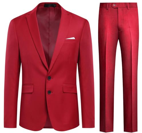 Allthemen 2 stycken Enfärgad kostym med två affärsknappar (Blazer + Byxor), Röd, XXL