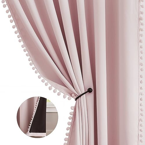 Abstractex Pink Pom Pom Blackout Curtains for Bedroom 90 Inch Long Energy Efficient Curtains for Living Room Thermal Insulated Eyelet Windows Treatment Sets for Girls Nursery Kids Room 54 W 2 Panels