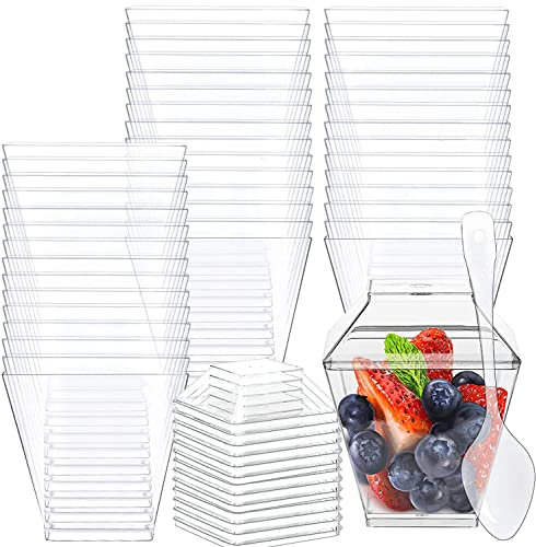 150PCS Desserttassen Plastik Dessertbecher mit Löffeln Mini Dessertbecher Set 5oz/150ml Wiederverwendbar Trapezoid Dessertschalen für Mousse Pudding Eiscreme Desserts Hochzeiten Geburtstag Party