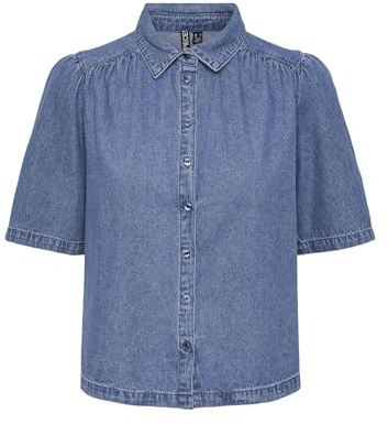 PIECES Pcmag SS Denim Camiseta Blusa de Manga Corta, Medio De Mezclilla Azul, XS para Mujer