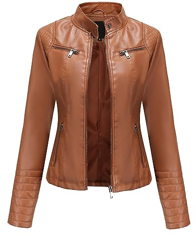 Chaqueta para mujer, chaqueta de cuero para mujer, chaqueta fina de piel sintética, cuello alto, chaqueta ligera de entretiempo con cremallera para mujer, moda ciclista, chaqueta corta delgada