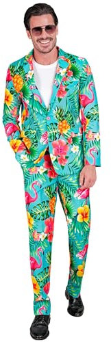 Widmann – Kostym, festmode, flamingomönster, jacka och byxor, neon, Hawaii, paradisfågel, showmen