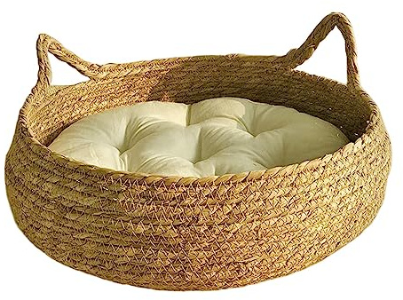 Dualoai Lit de chat en Rotin Chaud Panier de Coussin Rond 2 en 1 Panier de chat Lit de Couchage en Peluche Bol à Gratter pour Chaton, Blanc 35cm