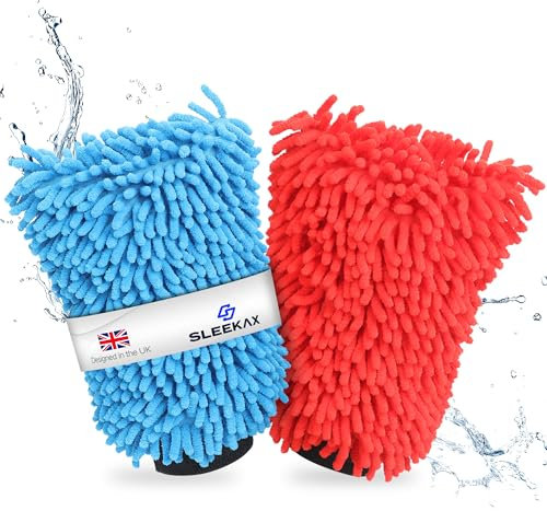 SLEEKAX Microfibre Car Wash Mitt - Ultra-Soft, Super Absorbent & Scratch-Free Wash Mitt Glove for Car Washing, Lightweight & Durable, Safer Than Sponge & Wash Cloths, Effectively Traps Dirt-2 Pack