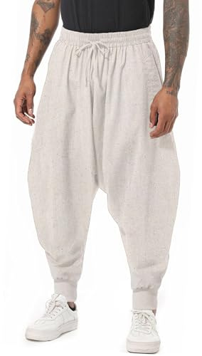 AITFINEISM - Pantaloni alla turca da uomo, con coulisse, casual, in stile hippie, larghi, con cavallo basso, Beige 1., S