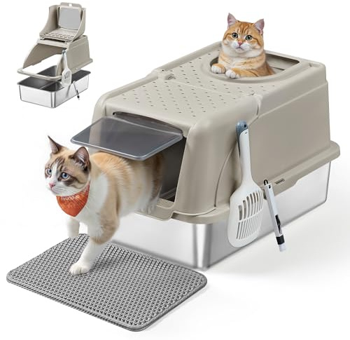 Feandrea Katzenklo Edelstahl, XL, Katzentoilette mit Deckel, mit Schaufel, Bürste und 2 Eingängen, für Katzen bis 15 kg, cappuccinobeige PPT005K01