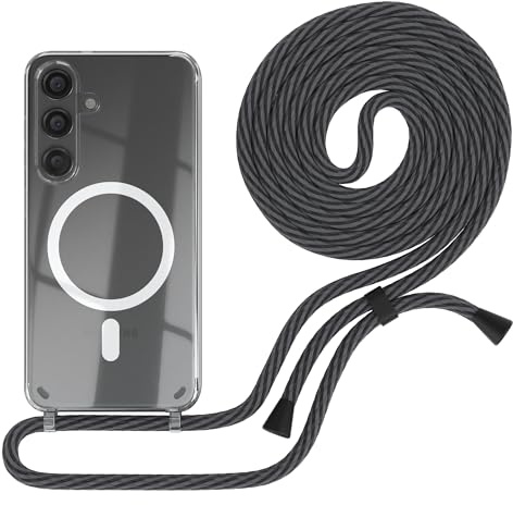 EAZY CASE - mobilkedja kompatibel med Galaxy S25, kedja för upphängning, stötsäkert mobilskal för Galaxy S25, silikonskal med rem, transparent mobilskal i Svart/Antracit - Clips Svart