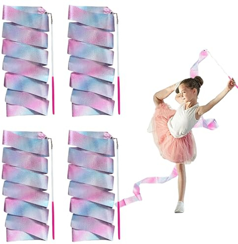 YJSDDNTY Lot de 4 bandes de gymnastique avec barre - Pour la gymnastique, la danse des enfants - Avec tige - Ruban de danse - Cirque