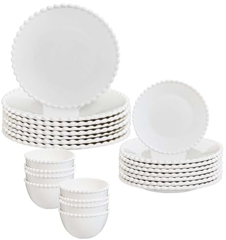 Ceramic Dinner Set Tableware Plates and Bowls Set with Beaded Edge Design Dishwasher/Microwave Safe Dinner Table Crockery for 8 People Vintage Style Dining Table Decor (24pc Set)